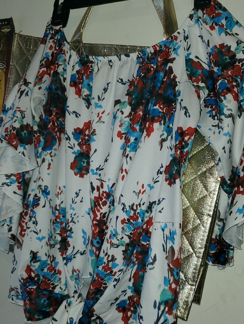 Off-Shoulder High-Low Floral Tie-Front Skirt - White with Blue & Brown Floral
